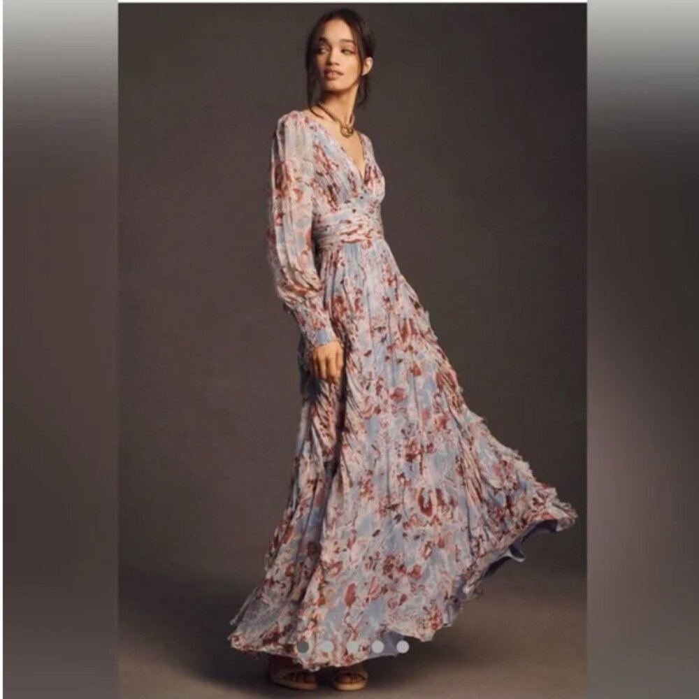 BHLDN V-Neck Long-Sleeve Printed Chiffon Gown